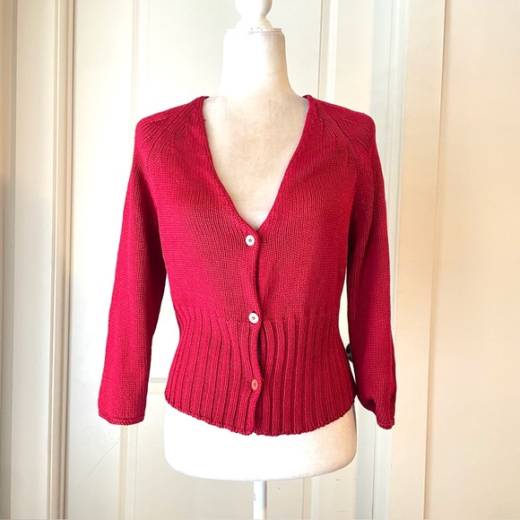 New Brunello Cucinelli Silk Red Cardigan Sweater V-Neck Ribbed Knit Sz L - Picture 1 of 9
